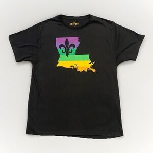 Mardi Gras Shirt Mens L New Orleans Louisiana State Map Graphic Tee - Black